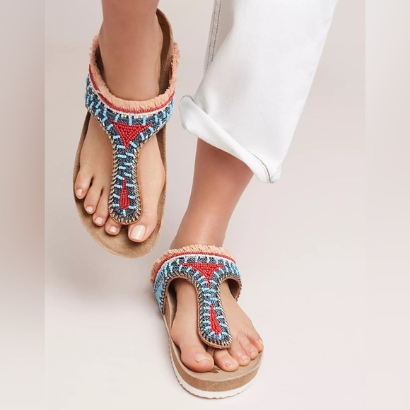 Sam Edelman Anthropologie Olivie 2 Beaded Thong Sandals Aztec western NWOB